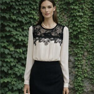 KAREN MILLEN Cream Pintuck Pleat and Lace Overlay Blouse, 6